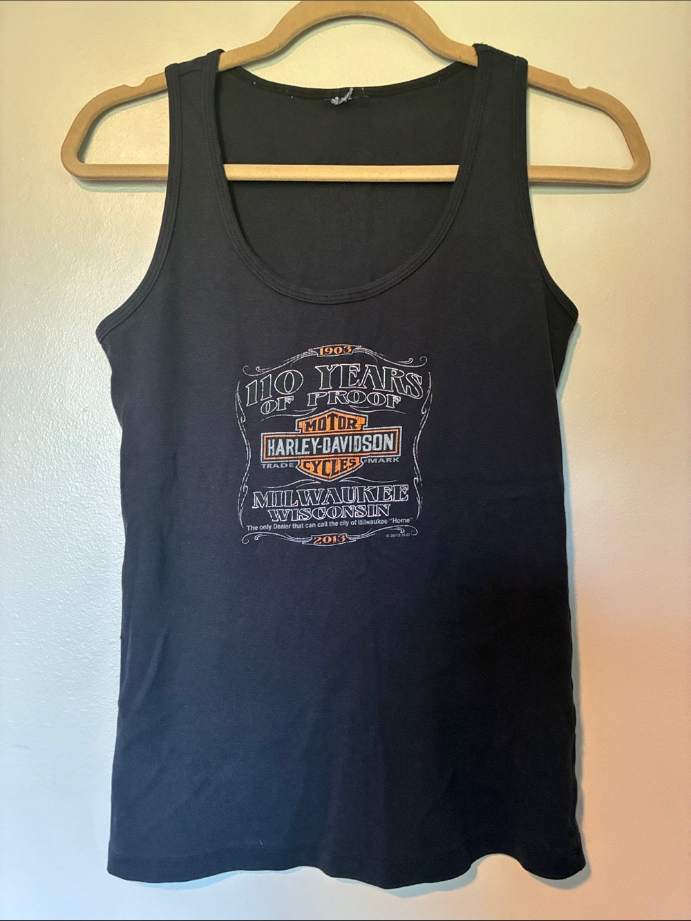 Harley-Davidson Black Tank Top with Orange & White 110 Years Graphic